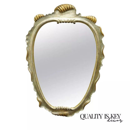 Italian Hollywood Regency Gold and Silver Giltwood Scroll Carved Wall Mirror