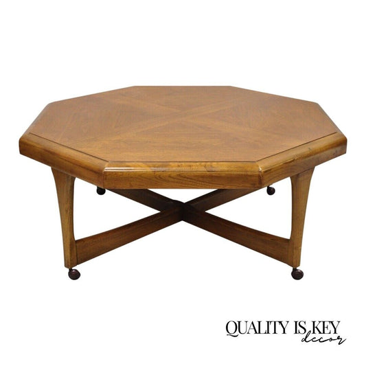 Lane Mid Century Modern Walnut Octagonal Stretcher Base Coffee Table