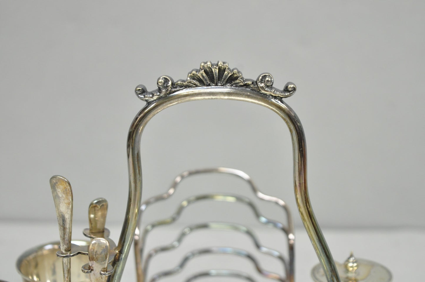Antique Victorian Silver Plated Footed Cut Glass Breakfast Set Toast Rack w Tray
