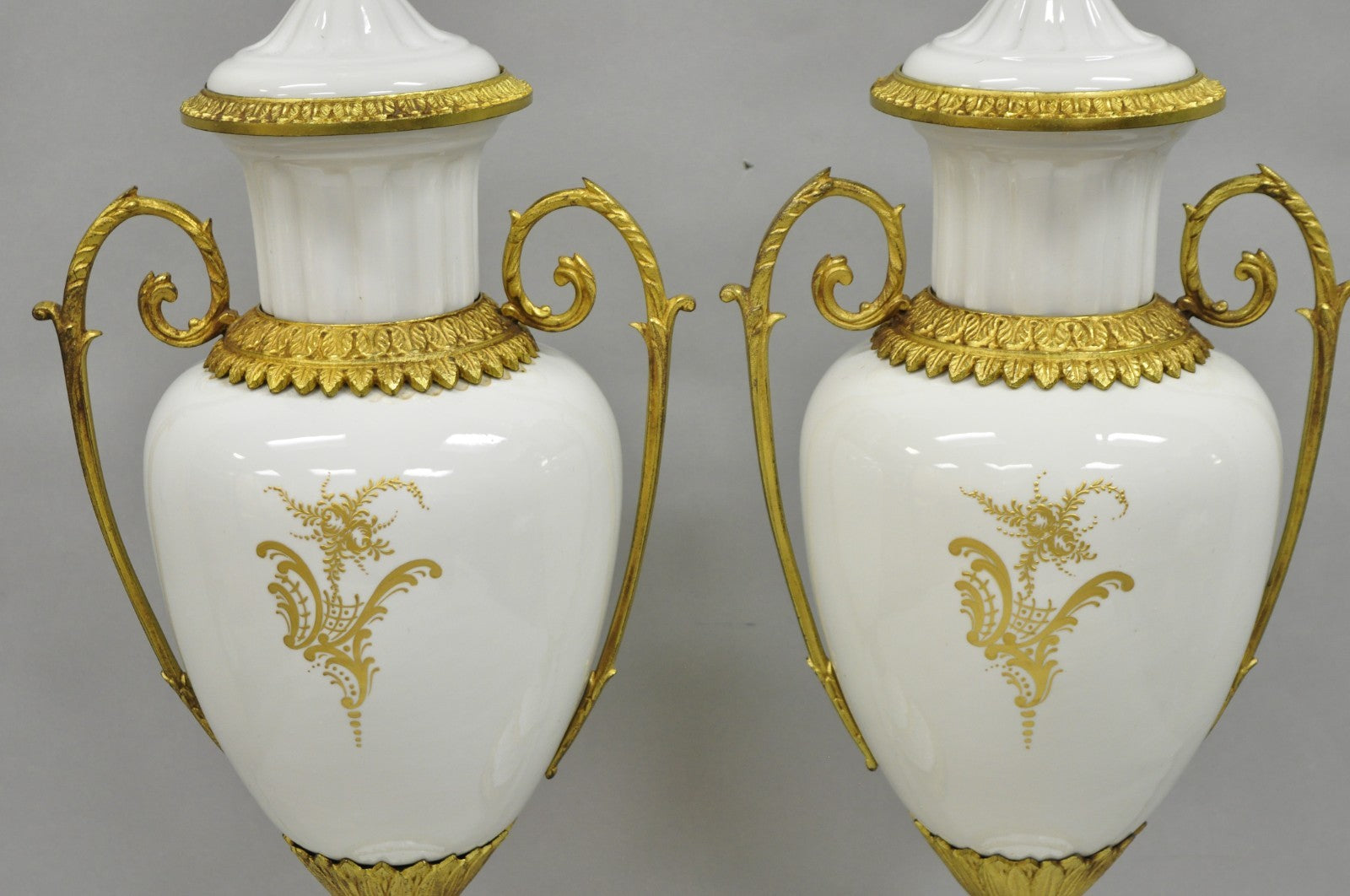 Antique French Louis XV Hand-Painted Porcelain Urn Bronze Table Lamps - a Pair