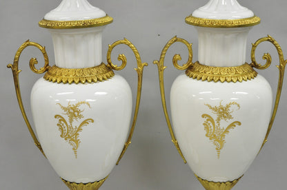 Antique French Louis XV Hand-Painted Porcelain Urn Bronze Table Lamps - a Pair