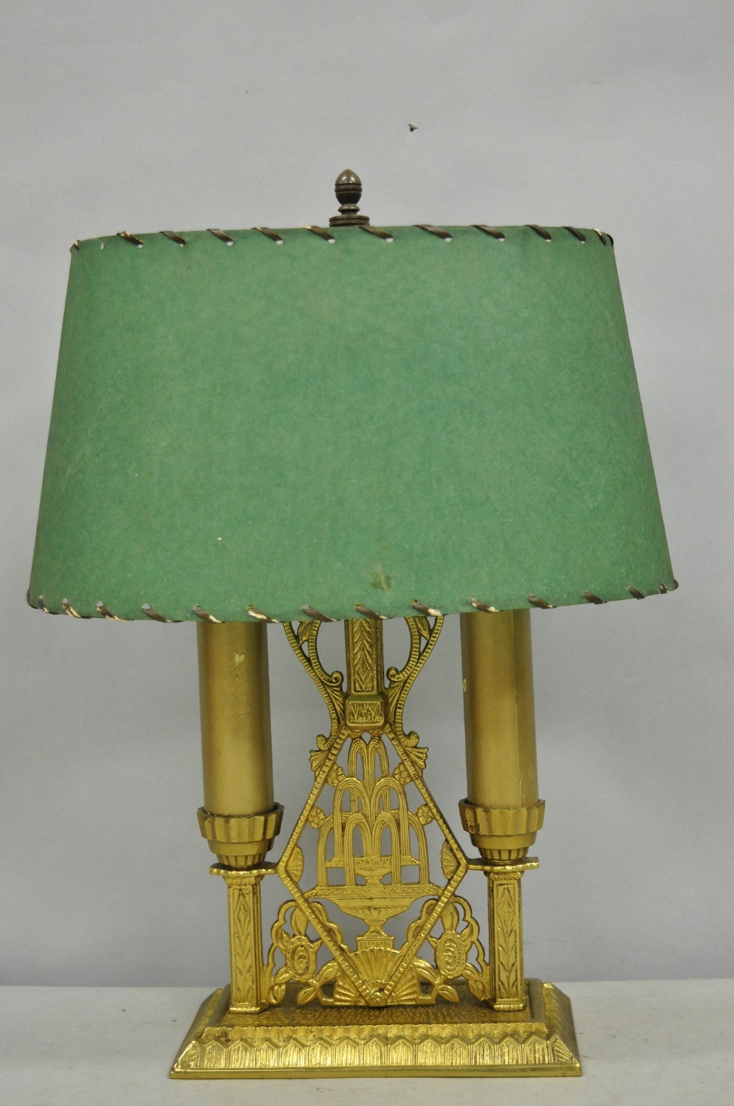 Antique Art Deco Art Nouveau Gold Gilt Metal Student Desk Lamp w/ Green Shade