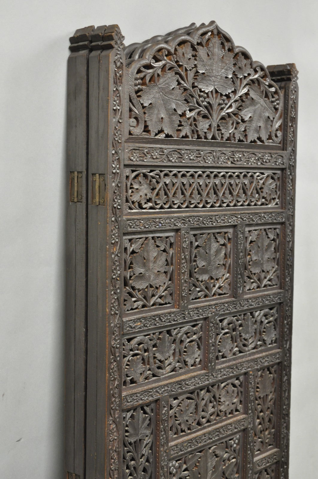 Vintage Anglo Indian Carved Teak Wood 4 Panel Room Divider Folding Screen