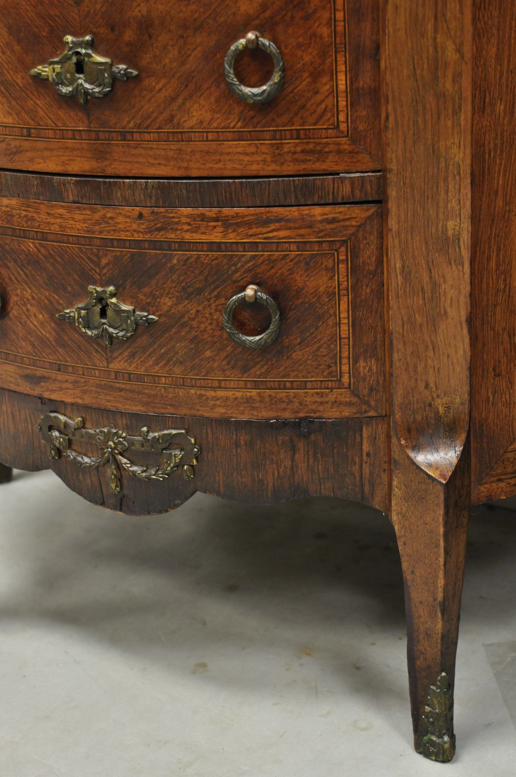 Antique French Louis XV Style Demilune Marble Top 4 Drawer Nightstand Table Pair