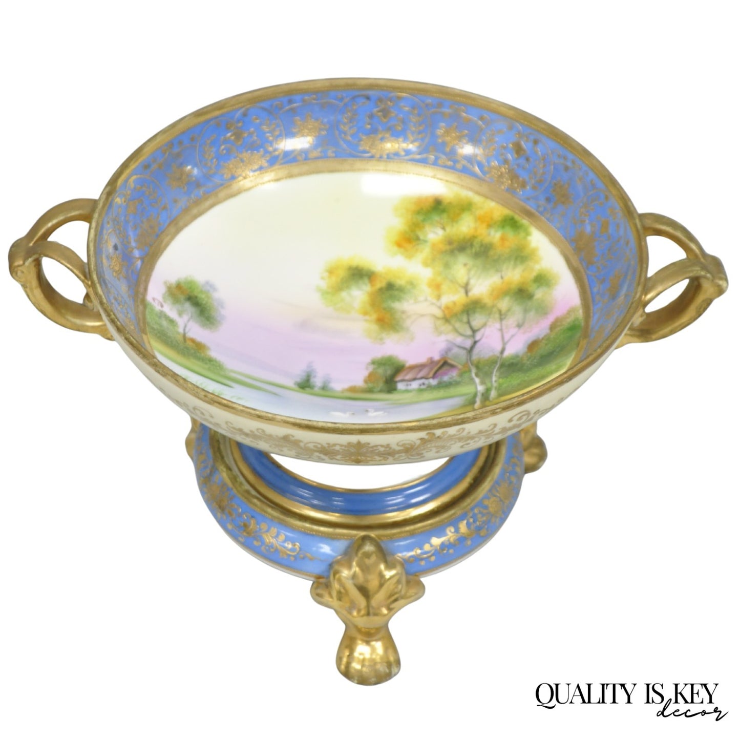 Nippon Hand Painted Porcelain Blue Centerpiece Compote Bowl w/ Cottage & Geese