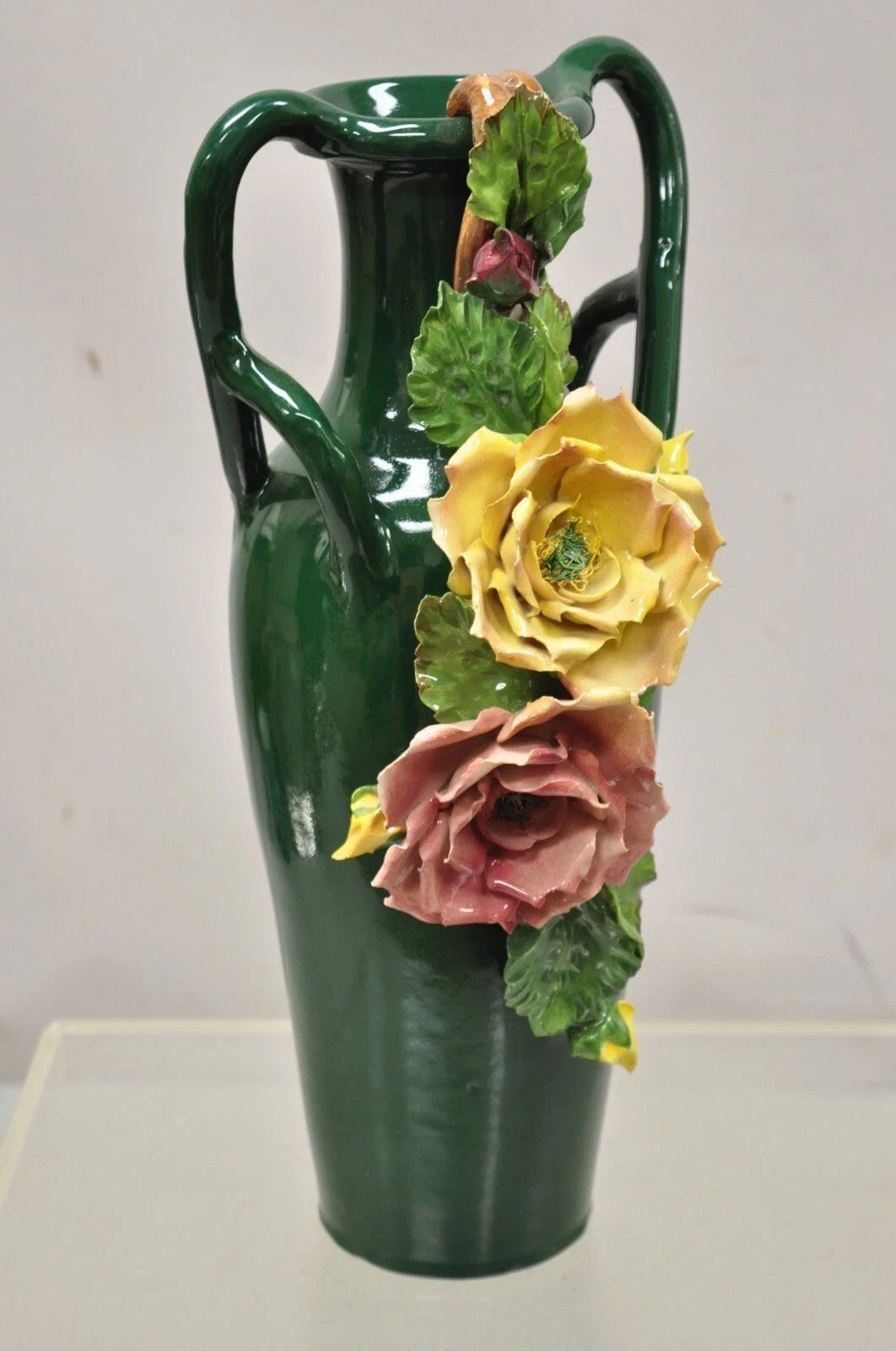 Vintage Victorian Green Porcelain Ceramic 18" Vase w/ Pink & Yellow Flowers