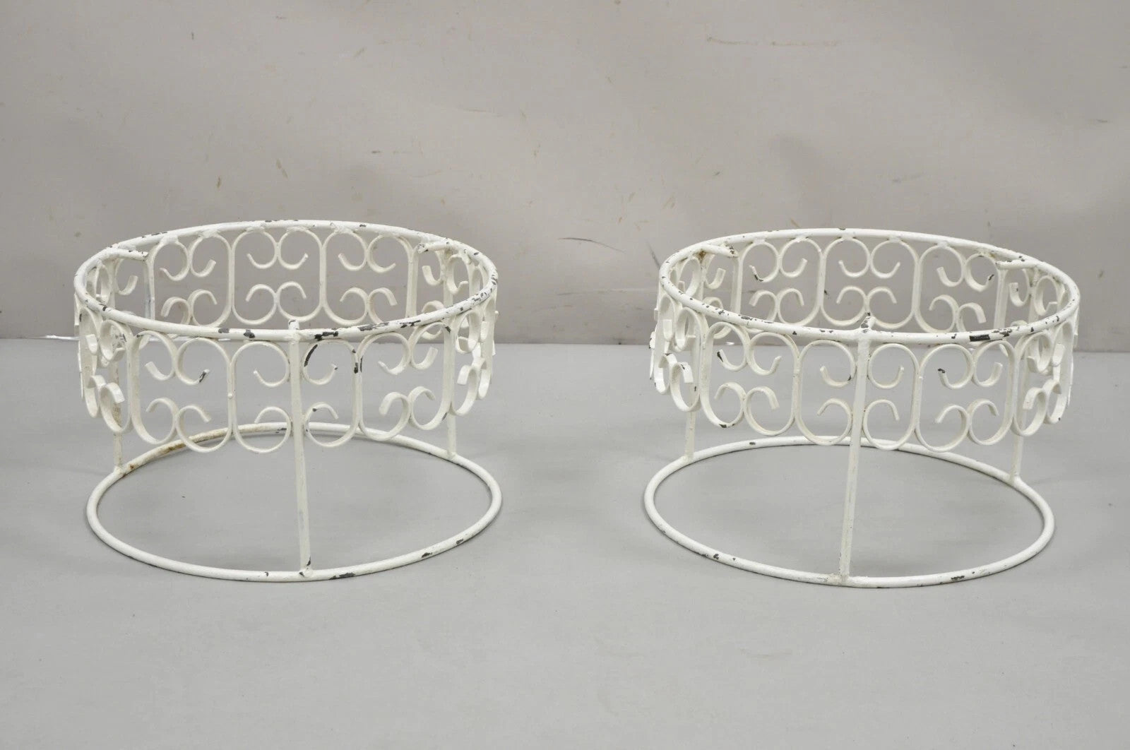 Vintage Arthur Umanoff Wrought Iron Scroll Low Round Glass Top Side Table - Pair