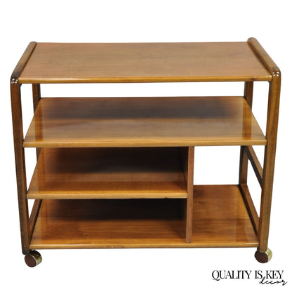 Vintage Mid Century Modern Lacquered Cherry Wood Rolling Cart TV Stand Shelf