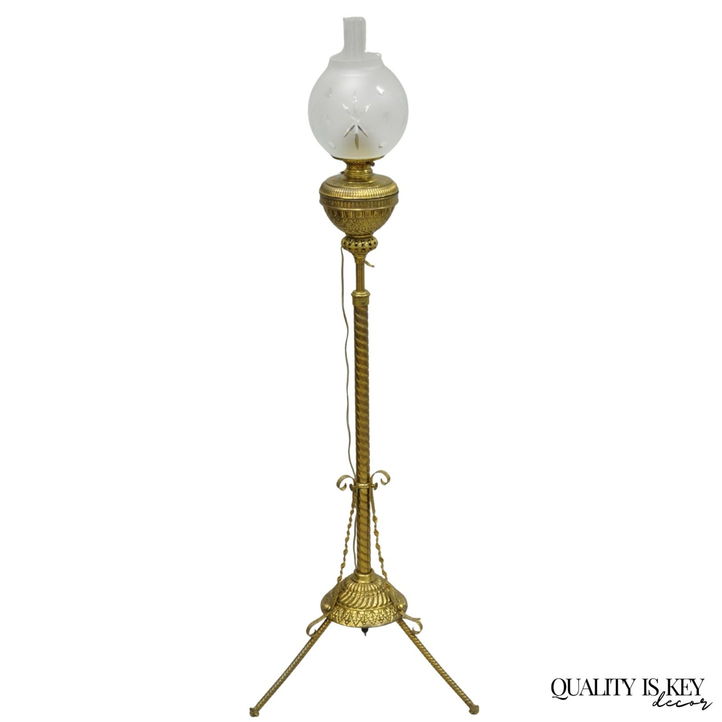 Antique Victorian Adjustable Height Brass Converted Oil Lamp Piano Floor Lamp
