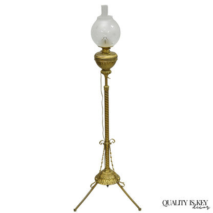 Antique Victorian Adjustable Height Brass Converted Oil Lamp Piano Floor Lamp