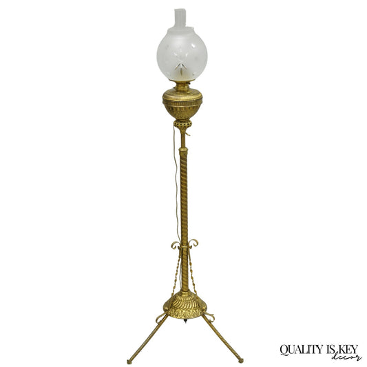 Antique Victorian Adjustable Height Brass Converted Oil Lamp Piano Floor Lamp