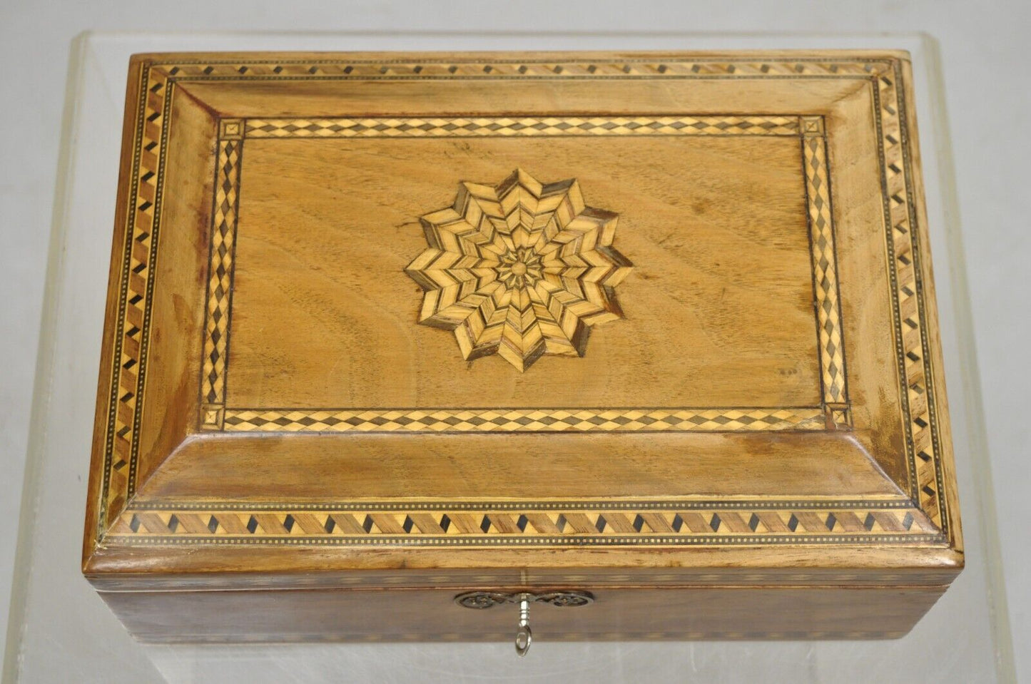 Antique English Marquetry Inlaid Wood Large Tea Caddy Lined in Metal Desk Box