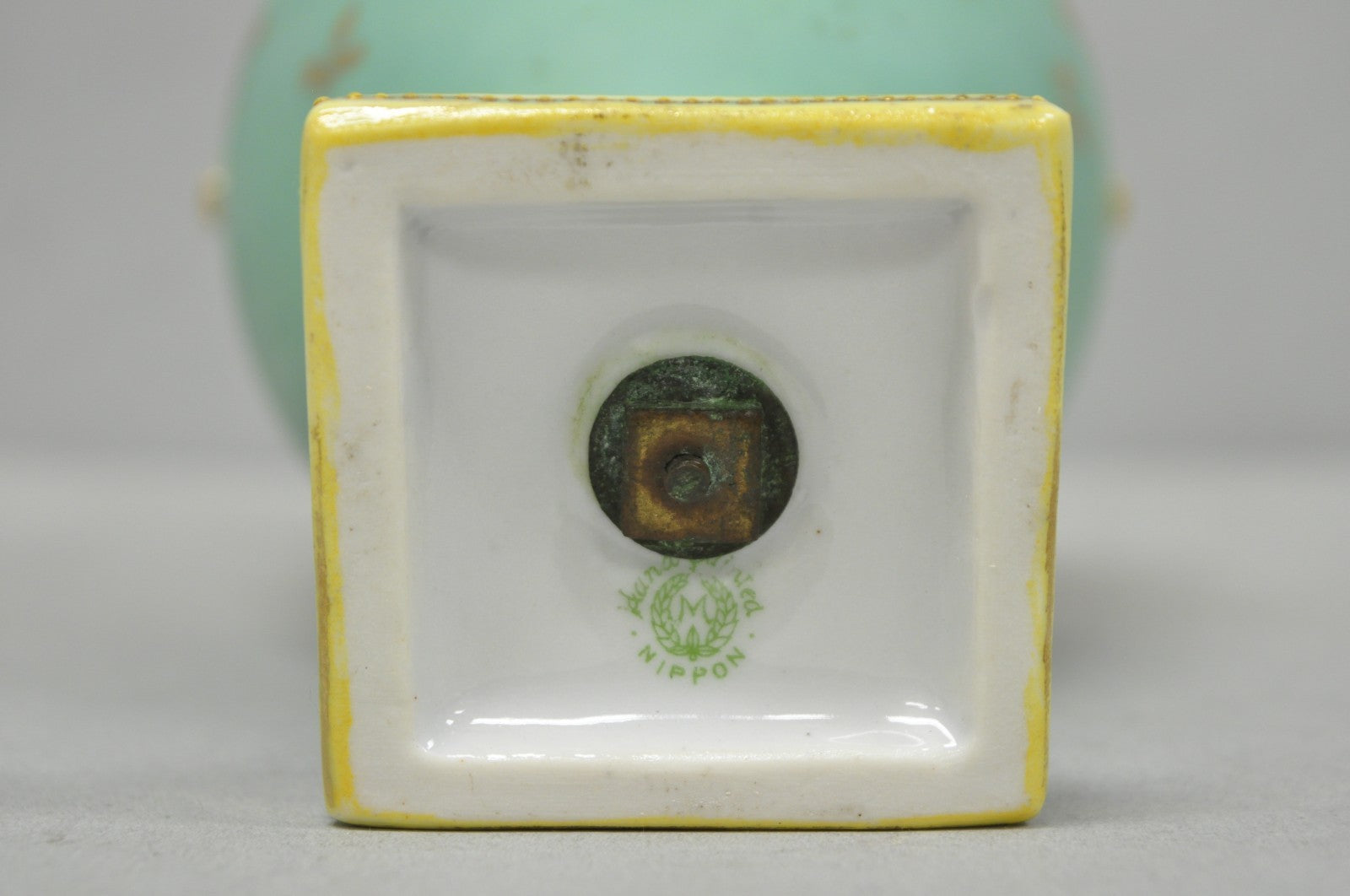 Antique Nippon Porcelain Hand Painted Windmill Scene Green Small Bolted Vase (B)