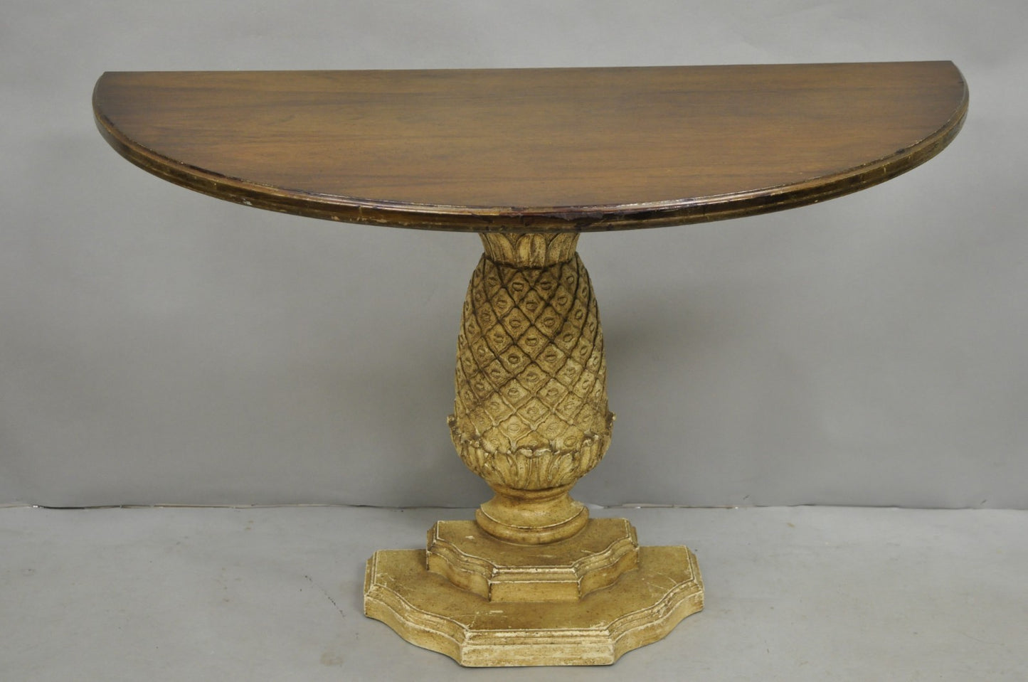 Hollywood Regency Carved Wood Pineapple Demilune Console Hall Tables - a Pair