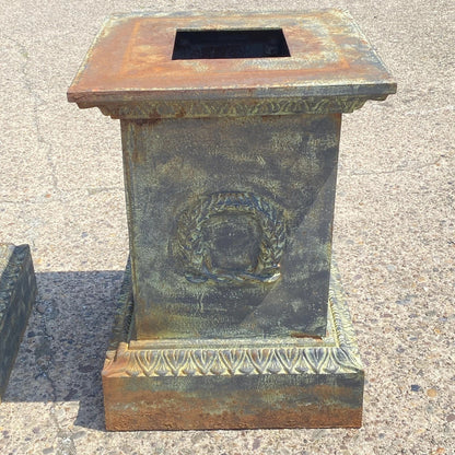 Vintage Neoclassical Cast Iron Wreath Garden Urn Planter Pedestal Base - Pair