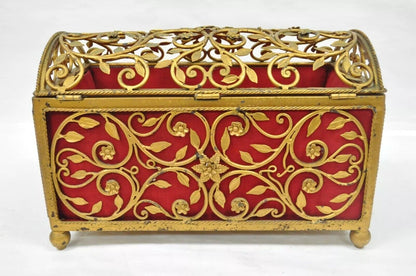 Vintage Hollywood Regency Style Gold Gilt Metal Red Jewelry Trinket Storage Box