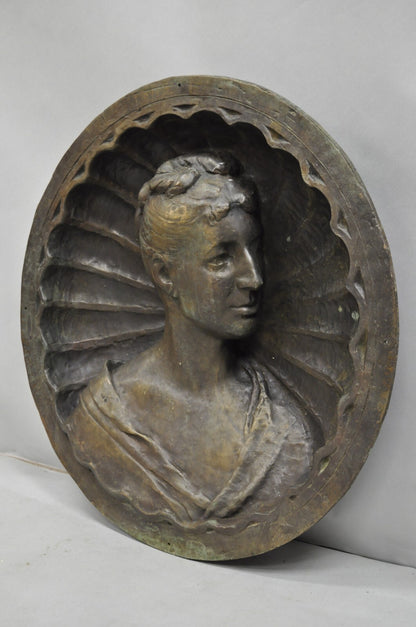 Antique Italian Woman Bust Large 25" Bronze Relief Repousse Monument Plaque