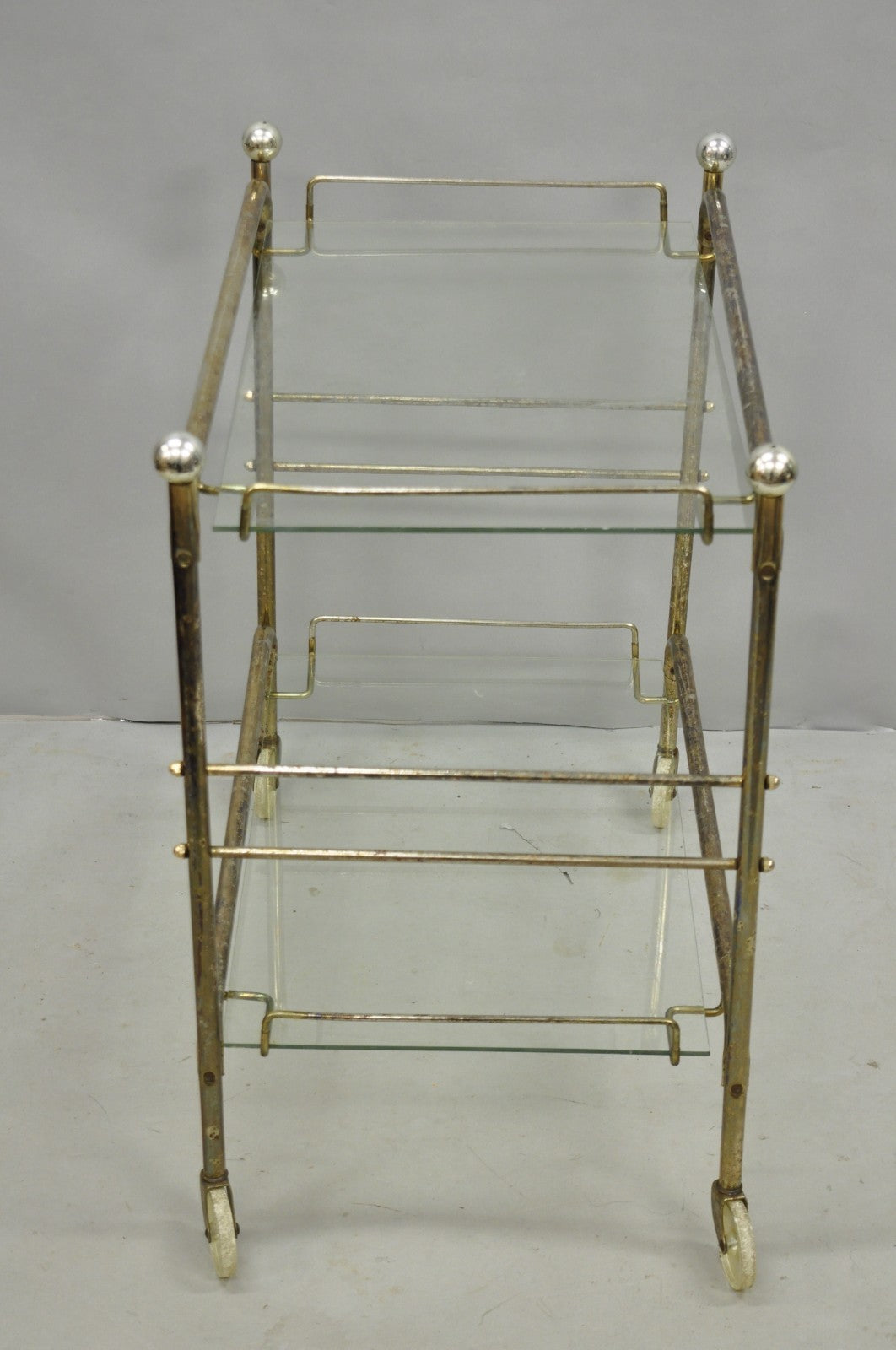 Vintage Mid Century Modern Metal 2 Tier Glass Shelf Rolling Liquor Bar Cart