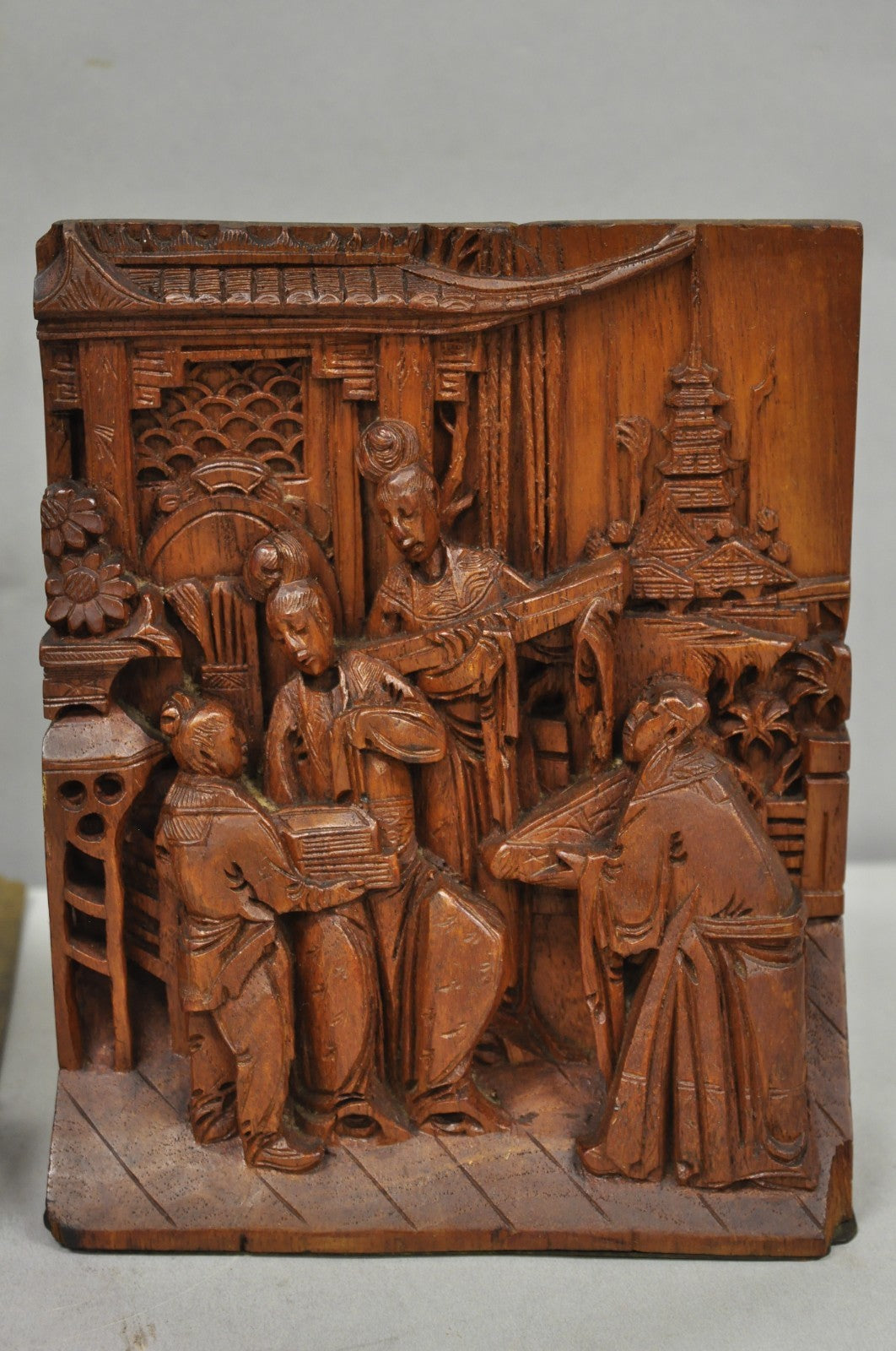 Vintage Chinese Hand Carved Hard Wood Scholar Bookends by George Zee - a Pair