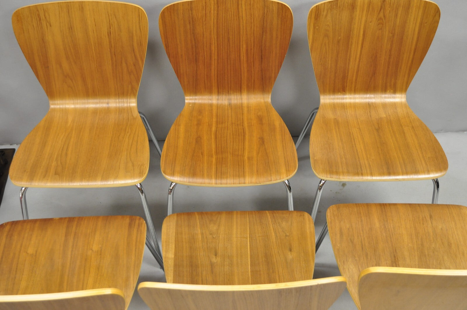 Crate & Barrel Felix Walnut Dining Side Chairs Mid Century Modern Style Set of 6