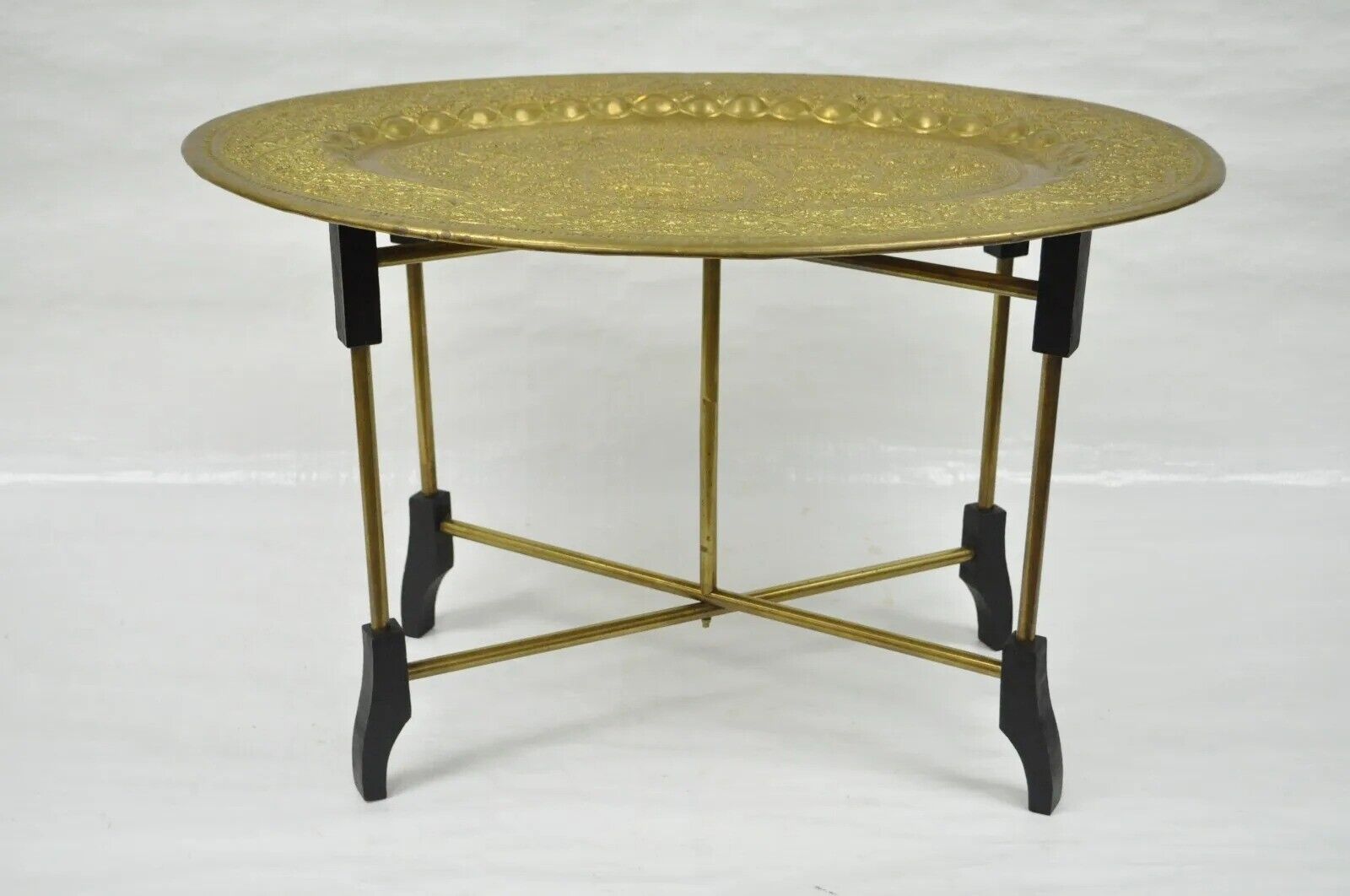 Vintage Moroccan Brass Bird Embossed Oval Tray Folding Small Coffee Table