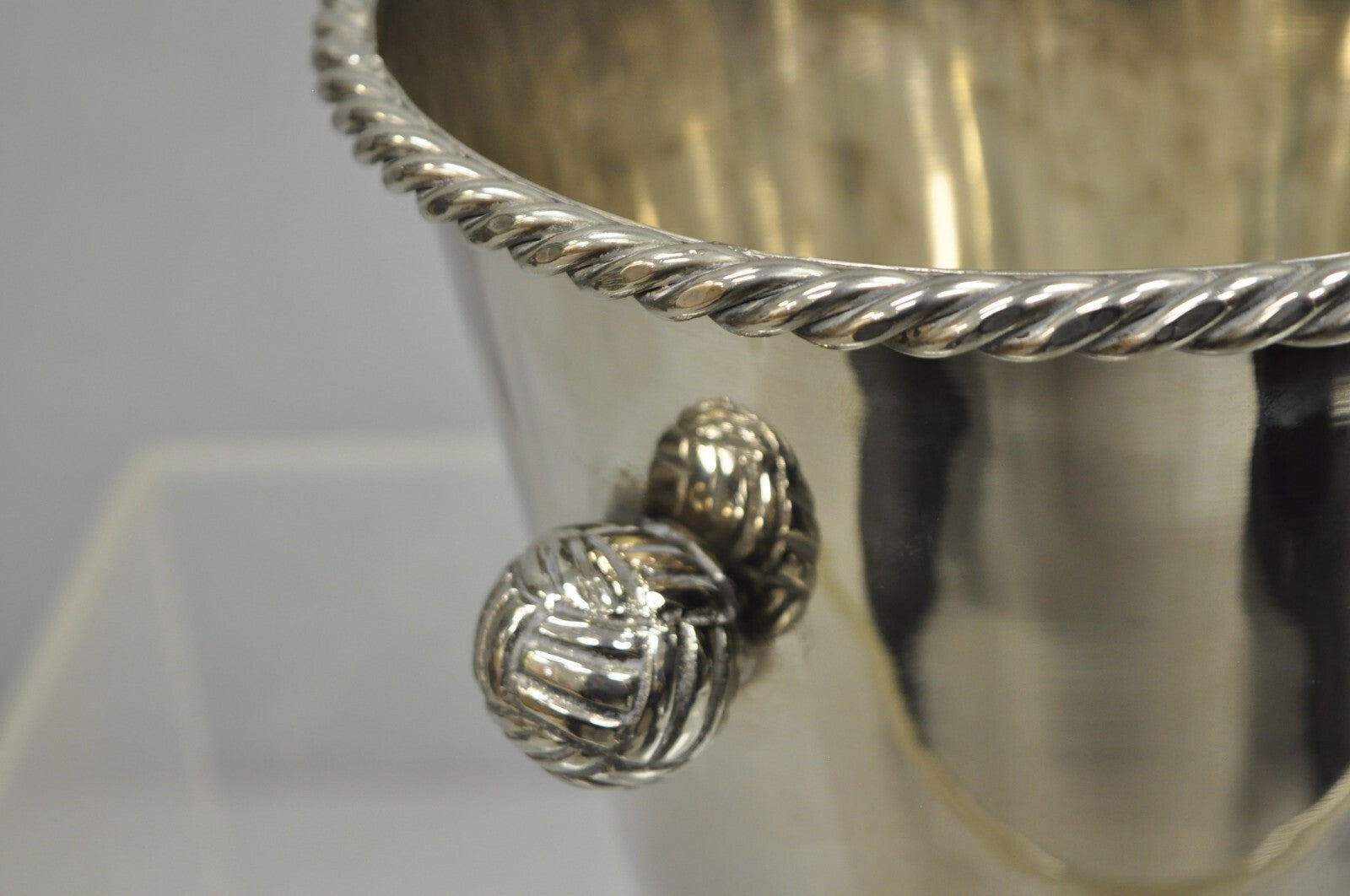 Hollywood Regency Silver Plated Champagne Chiller Ice Bucket w/ Knot Handles