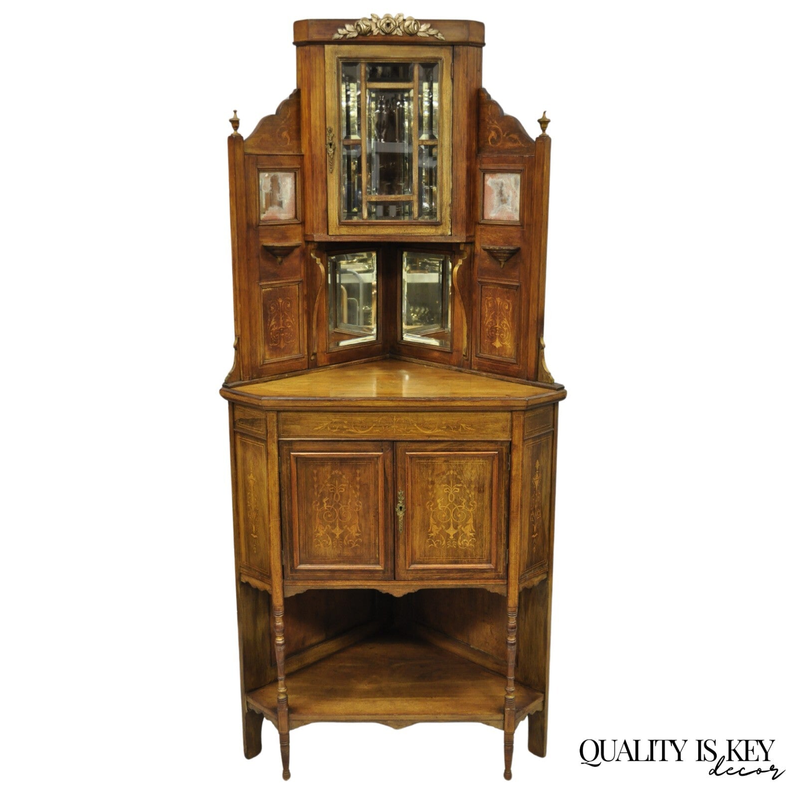 Antique French Victorian Inlaid Mahogany Corner China Cabinet Display Curio