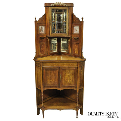 Antique French Victorian Inlaid Mahogany Corner China Cabinet Display Curio