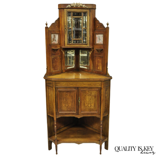 Antique French Victorian Inlaid Mahogany Corner China Cabinet Display Curio