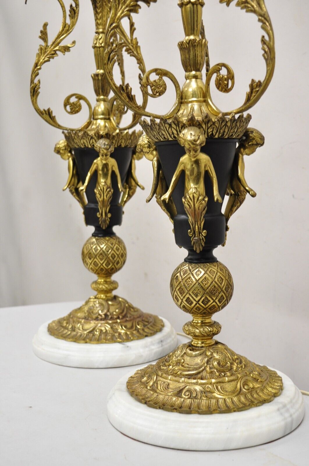 Vintage French Louis XV Brass & Marble Figural Table Lamps w/ Cherubs - a Pair