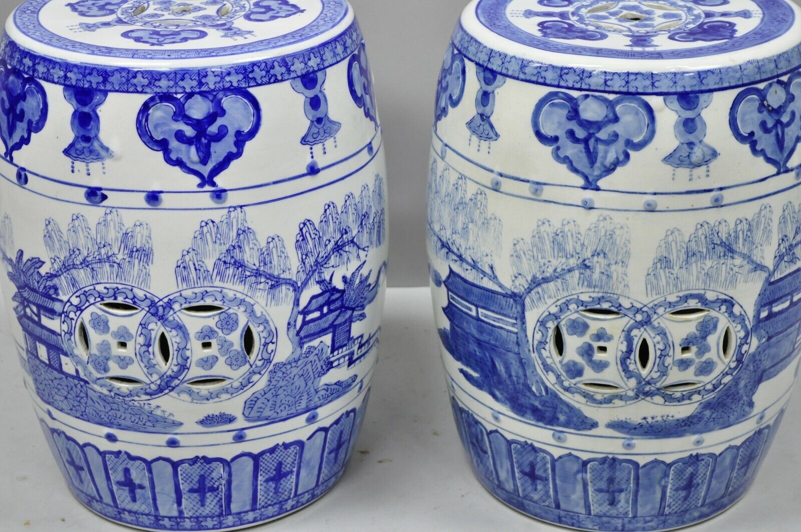 Pair of Blue & White Porcelain Chinese Oriental Drum Garden Seat Pedestal