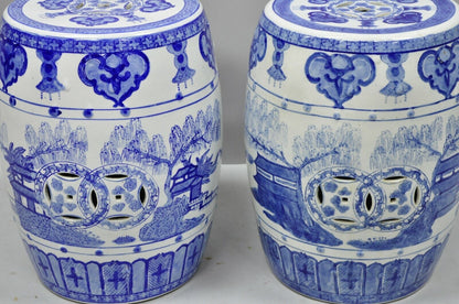 Pair of Blue & White Porcelain Chinese Oriental Drum Garden Seat Pedestal