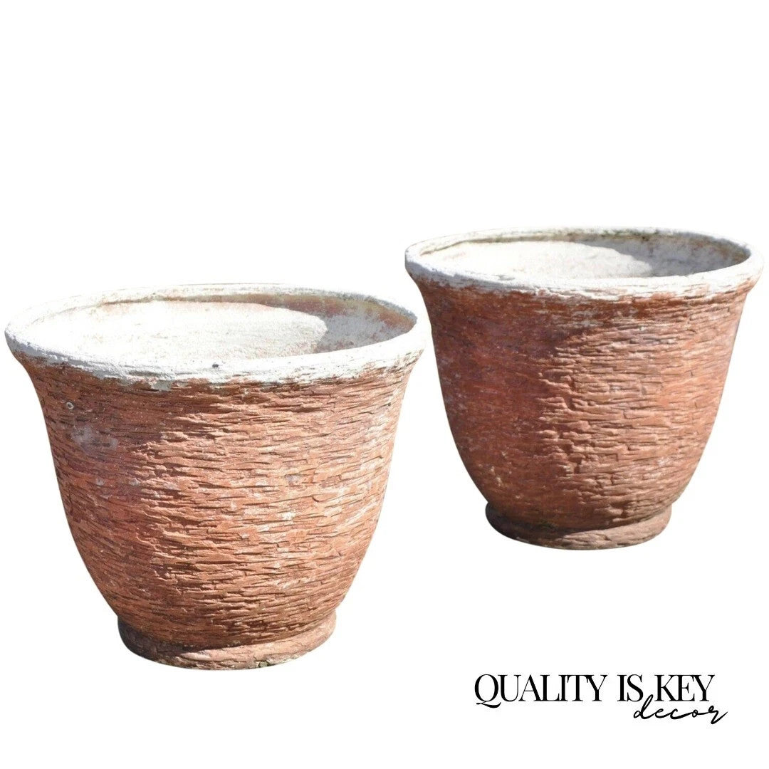 Vintage Red Distress Paint Fiberglass Round Garden Planter Pots Faux Stone Pair