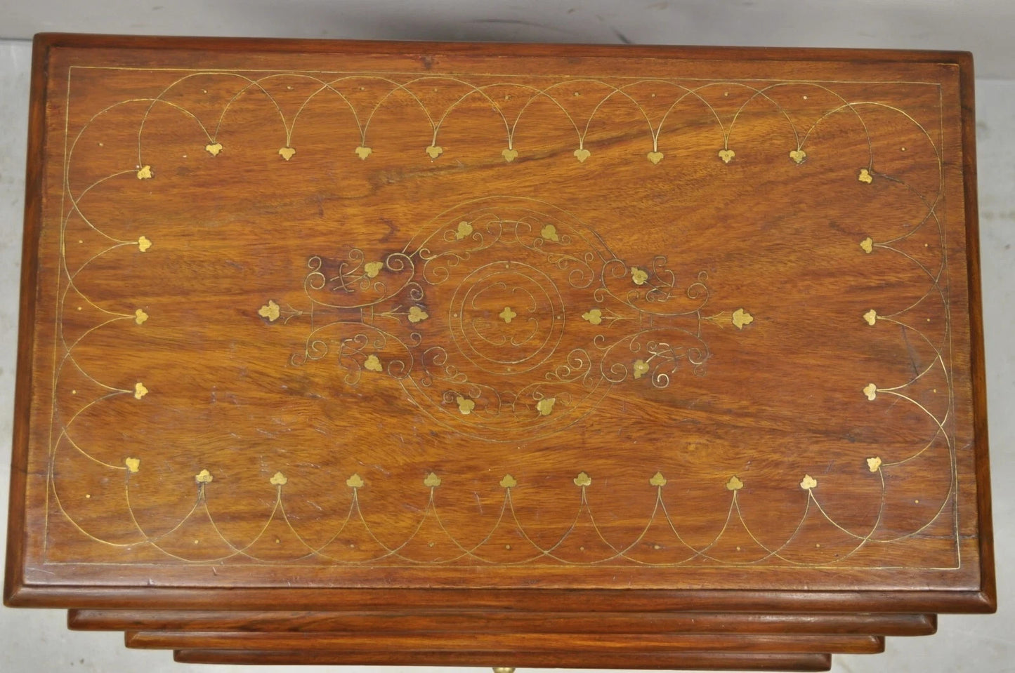 Antique Anglo Indian Brass Marquetry Inlay Nesting Side End Tables - Set of 4