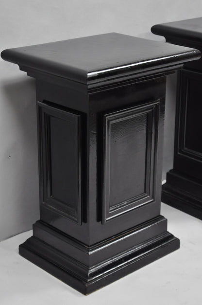 Vintage French Empire Style Black Lacquer Painted Pedestal Column End Table Pair