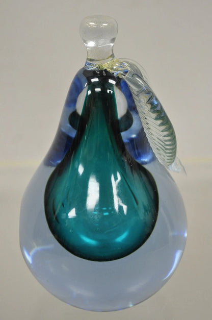 Italian Murano Blue 7" Blown Art Glass Pear Fruit Gold Flecks Leaf Paperweight