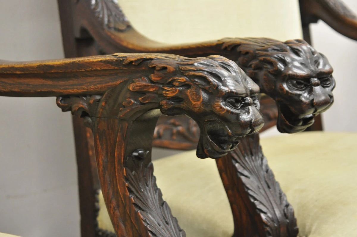 RJ Horner Attr Renaissance Figural Lion Carved Oak Wood Dining Chairs - Set of 6
