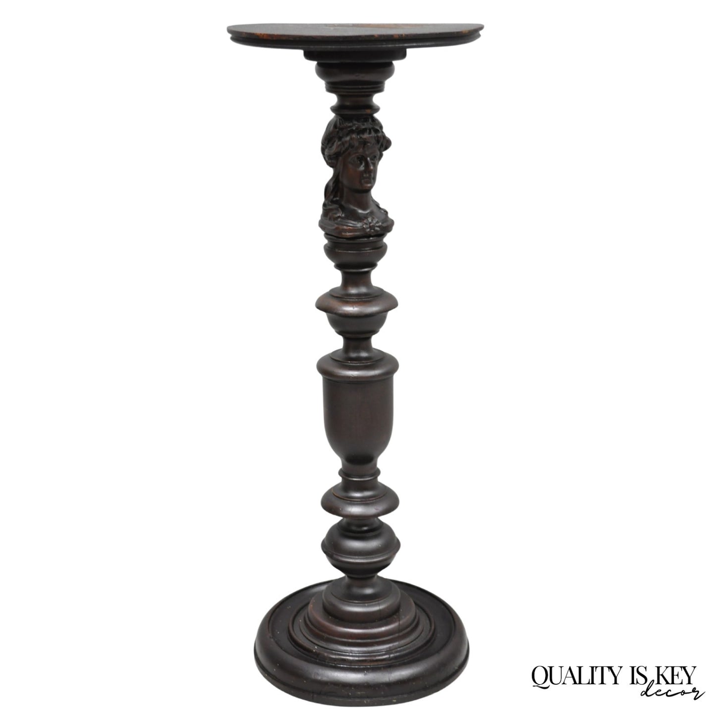 Antique French Renaissance Maiden Bust Column Mahogany Pedestal Plant Stand