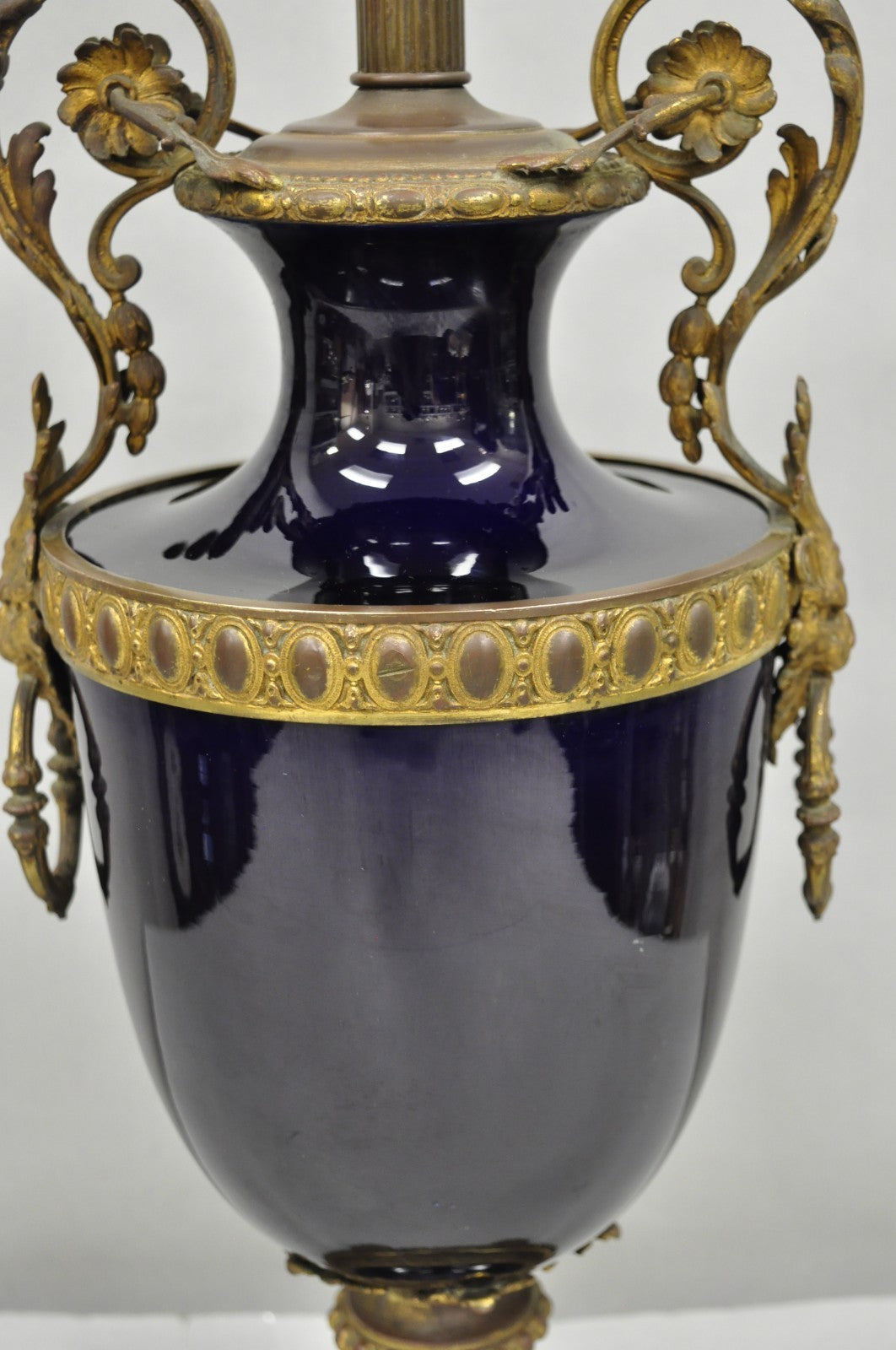 Antique French Empire Cobalt Blue Porcelain Figural Gilt Bronze Urn Table Lamp