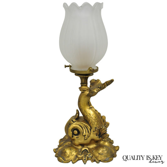 Antique French Art Nouveau Small Gold Gilt Metal Figural Dolphin Table Lamp