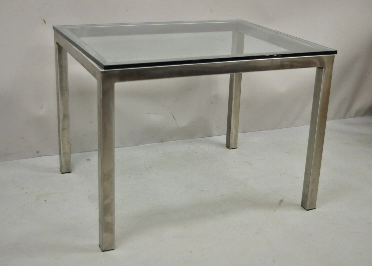 Mid Century Modern Brushed Metal Glass Top Milo Baughman Style Side Table