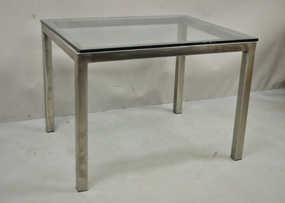 Mid Century Modern Brushed Metal Glass Top Milo Baughman Style Side Table
