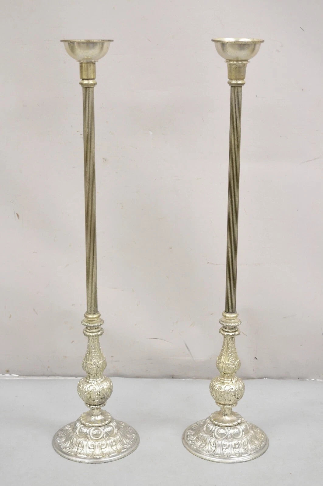Vintage 43" Tall Baroque Silver Plated Collapsible Floor Candlesticks in Box