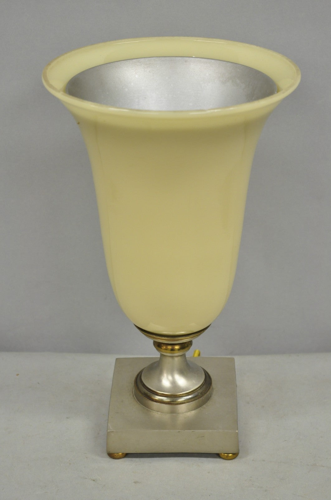 Antique French Art Deco Beige Fluted Glass Vase Metal Base Up Light Table Lamp