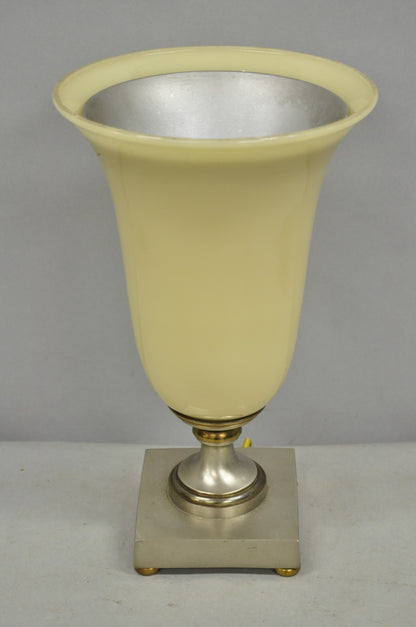 Antique French Art Deco Beige Fluted Glass Vase Metal Base Up Light Table Lamp