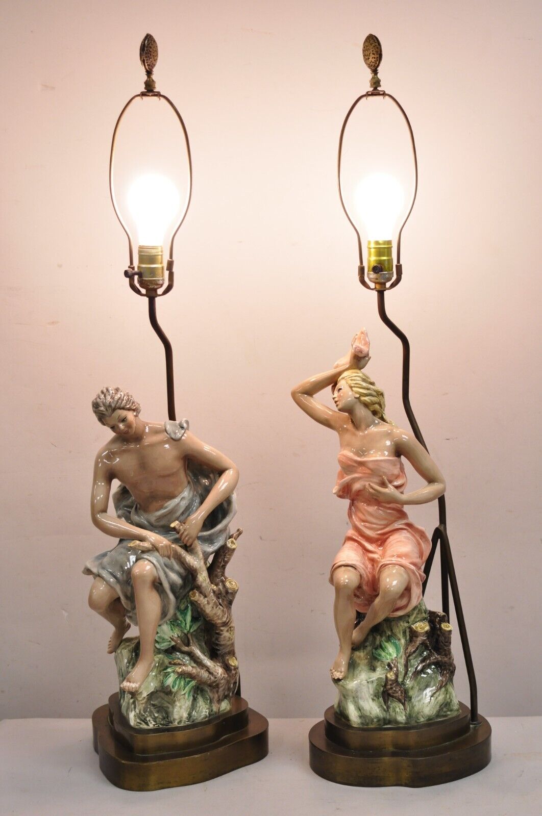 Vintage Mid Century Modern Porcelain Male and Female Gypsy Table Lamps - a Pair