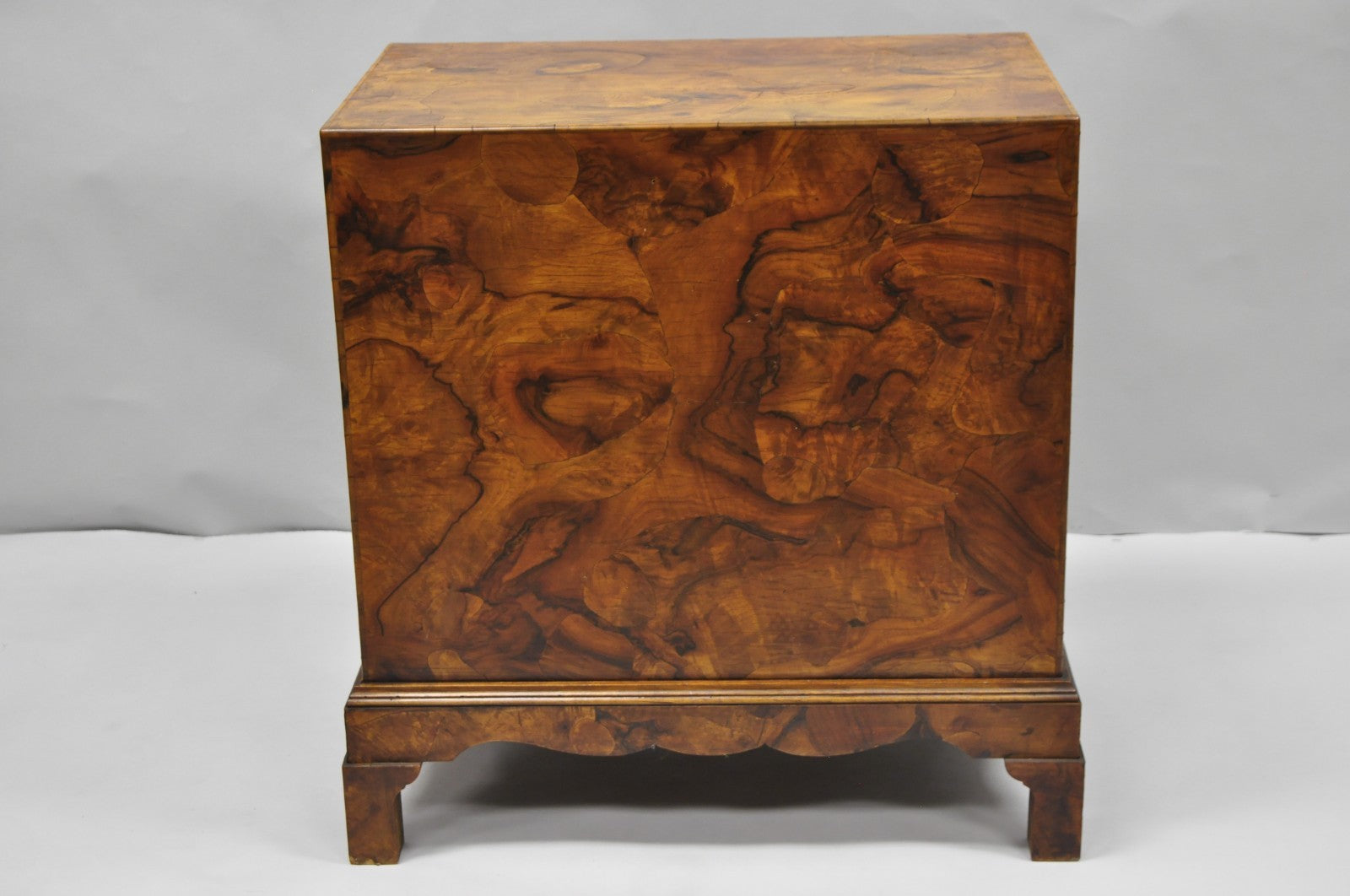 Vintage Italian Olive Wood Veneer Campaign Chest of Drawers Cabinet Side Table