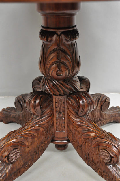 Antique French Empire Carved Mahogany Paw Foot Pedestal Base Round Center Table