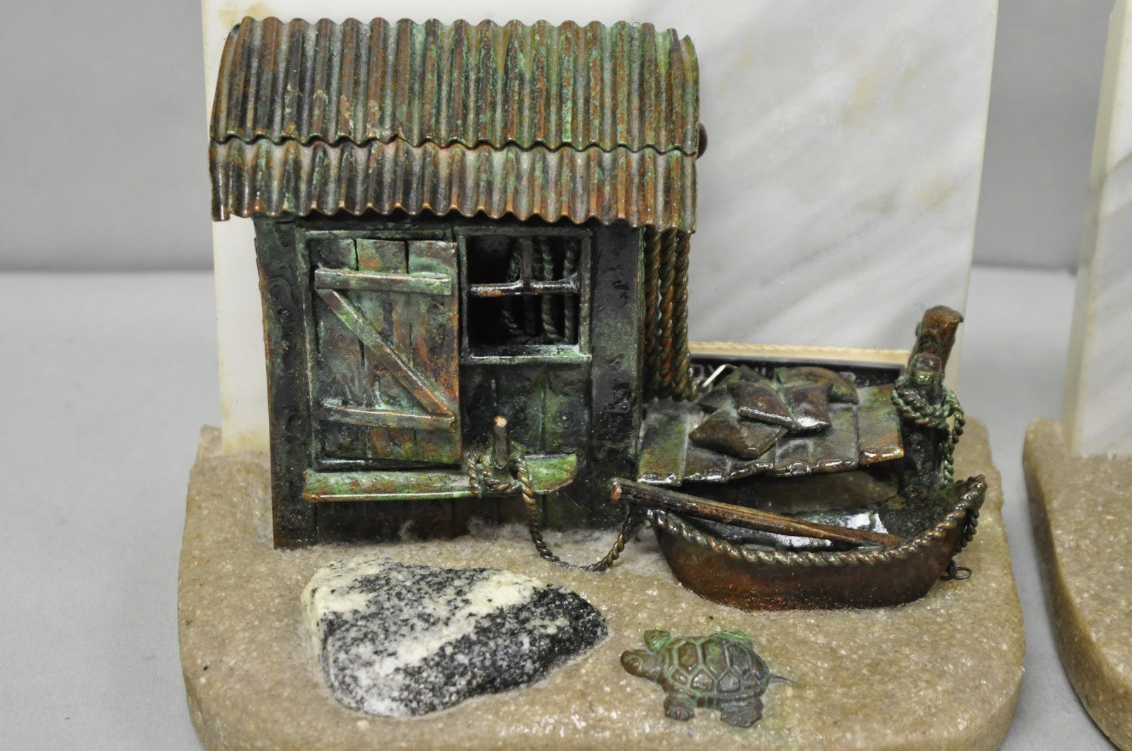 Curtis Clawson Mid Century Modern Brutalist Nautical Bronze & Marble Bookends