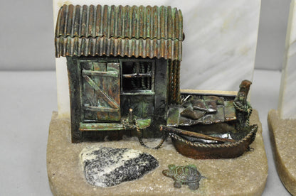Curtis Clawson Mid Century Modern Brutalist Nautical Bronze & Marble Bookends